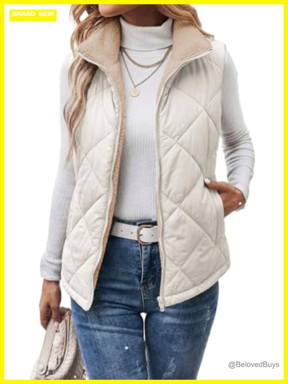 Sherpa Quilted Puffer Vest Stand Collar Zip Up